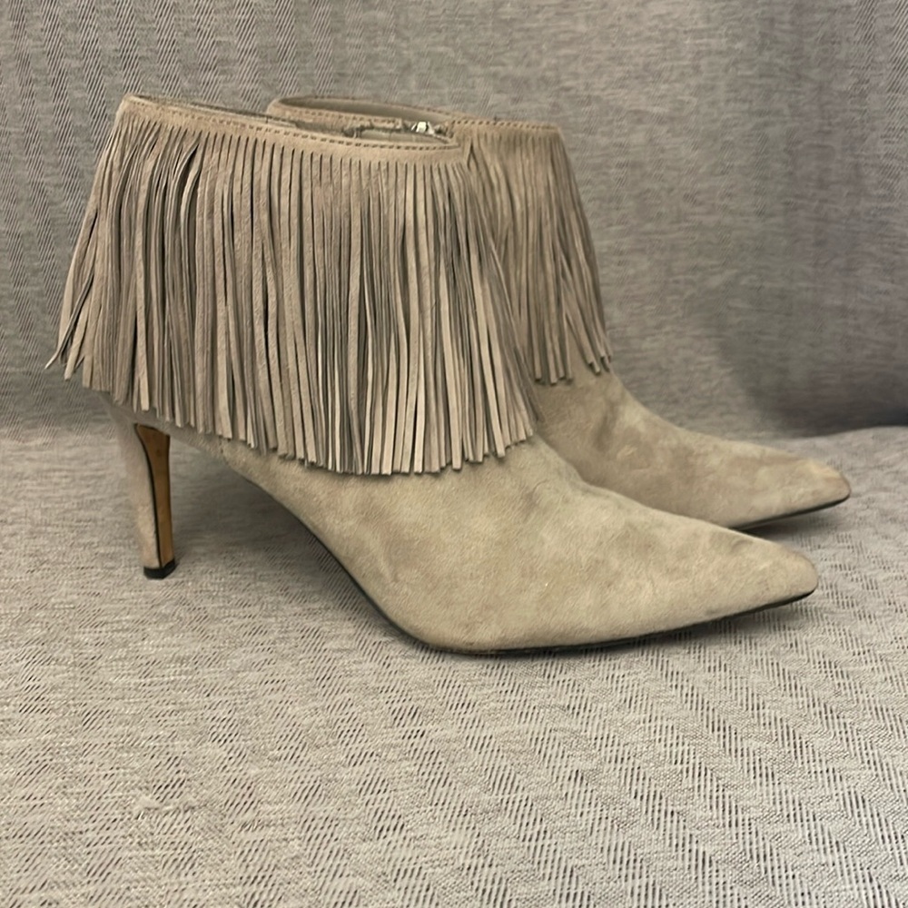 Sam Edelman Kandice Suede Fringe Pointed Toe Booties Ankle Boots Silver Gray 8M